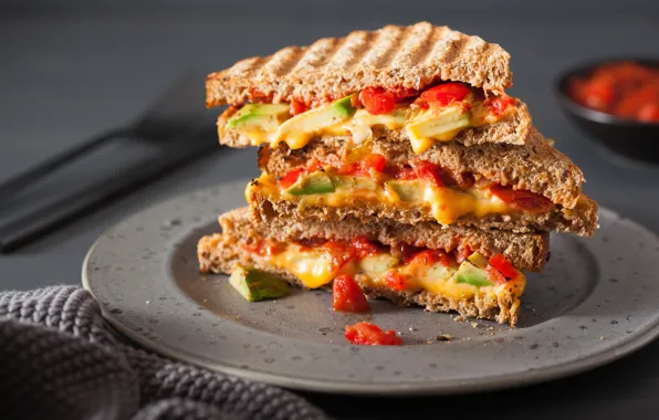 Cheese, plate, bread, sandwich, vegetables, tomatoes, toast