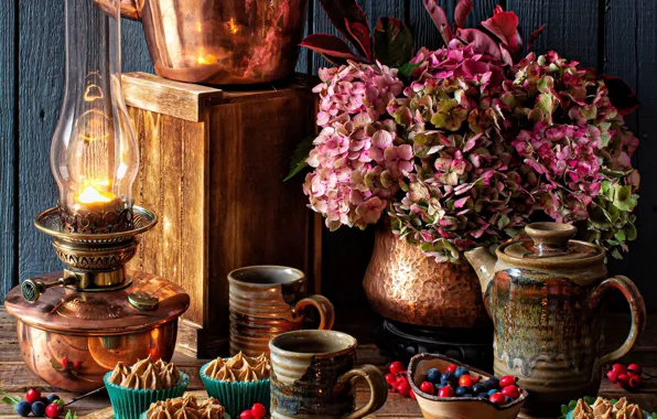 Flowers, style, berries, lamp, kettle, mugs, cakes, hydrangea