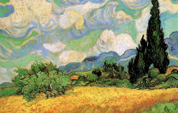 Picture Vincent van Gogh, Wheat Field with, Galline Near, Cypresses at the Haute, Eygalieres