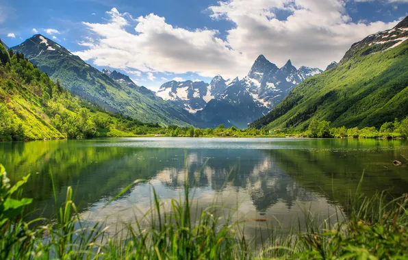 Picture greens, grass, clouds, mountains, lake, Alps, gorge