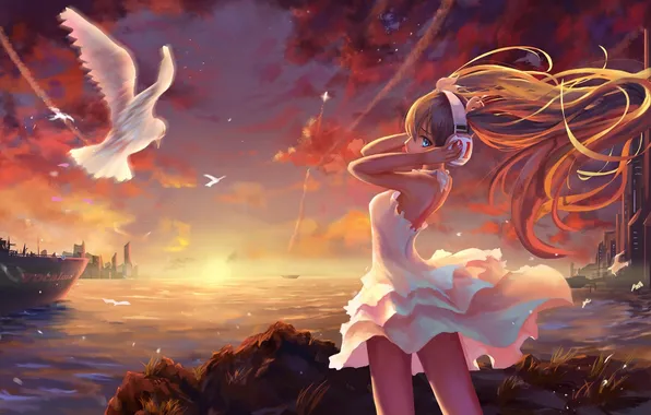 Sea, look, girl, sunset, the city, bird, ship, headphones