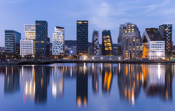 Water, the city, lights, reflection, the evening, backlight, Norway, Oslo