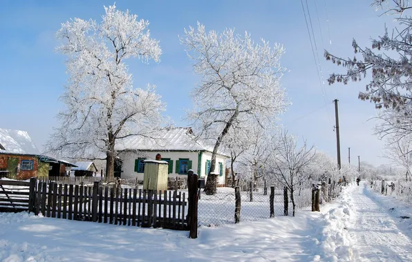 Picture road, snow, trees, house, Winter, gate