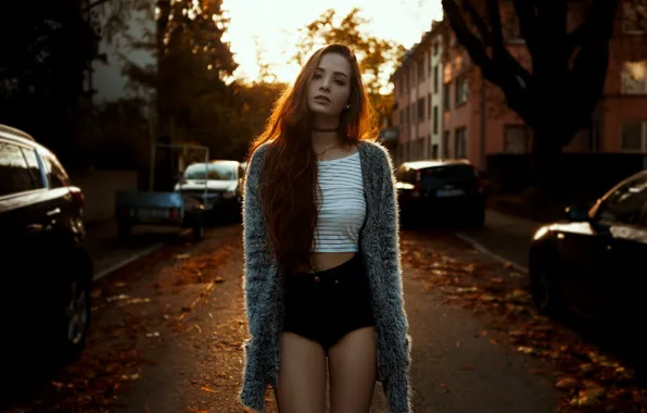 Picture road, autumn, leaves, girl, the sun, trees, machine, shorts