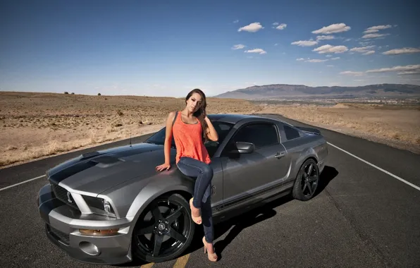 Road, girl, desert, Shelby, GT500, Ford Mustang