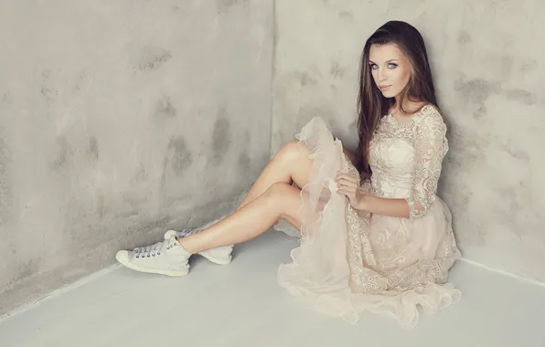 Picture girl, dress, legs, beautiful, model, pretty, long-haired, sneakers