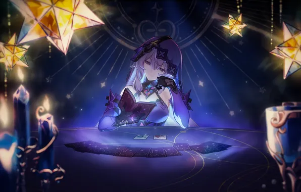 Card, night, glass, pose, candles, the atmosphere, book, stars