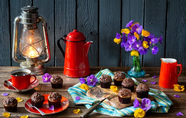 Picture flowers, style, lamp, coffee, petals, mug, lantern, still life