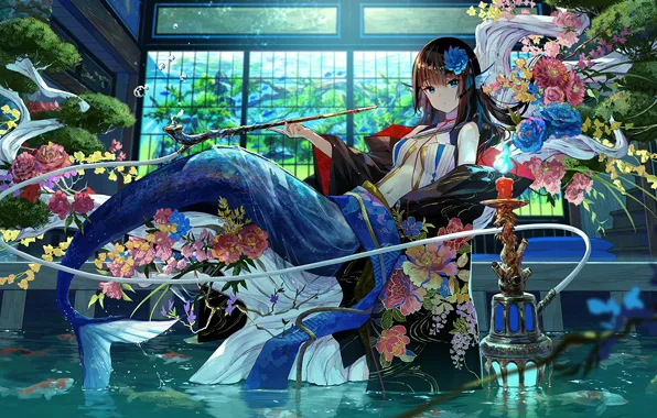 Picture hookah, mermaid, candle, scales, kimono, a bouquet of flowers, in the room, mermaid