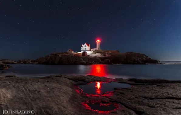 Landscape, night, the ocean, rocks, lighthouse
