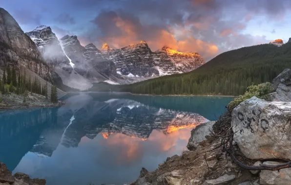 Picture clouds, landscape, mountains, nature, fog, lake, reflection, stones