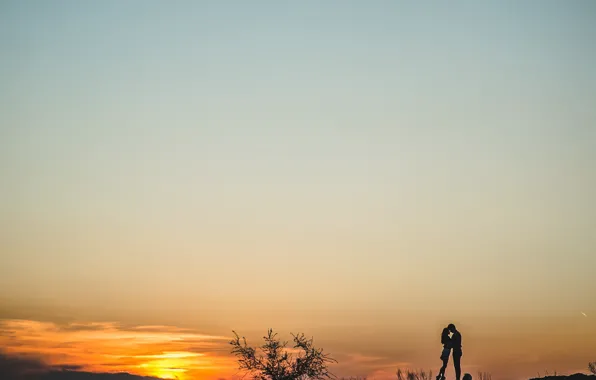 Girl, sunset, guy, silhouettes