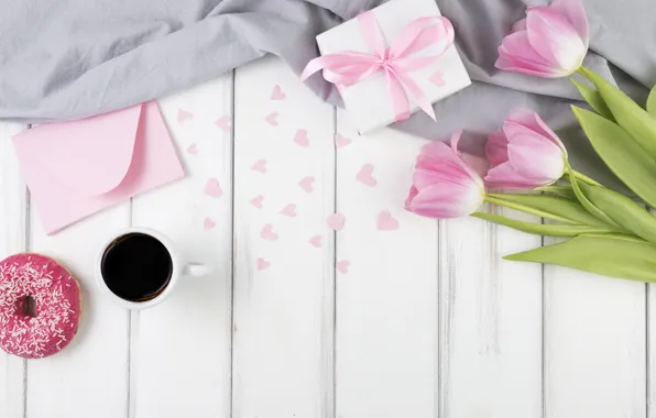 Flowers, coffee, bouquet, hearts, tulips, pink, donut, box