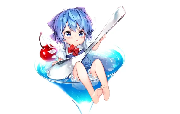 Language, glass, spoon, white background, cherry, sitting, touhou, blue hair