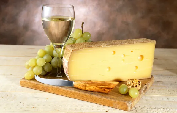 Wine, white, glass, cheese, grapes, bunch, knife, Board