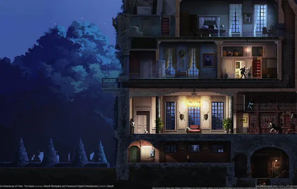 Trees, night, house, people, library, high-rise building, The Adventures of Tintin: The Game