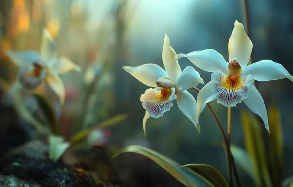 Leaves, flowers, nature, white, orchids, Duo, bokeh, AI art
