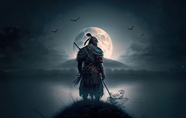 Moon, night, birds, man, samurai