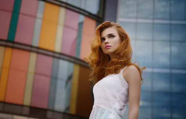 Wallpaper red lipstick, redhead, looking away, women outdoors, white dress, model, blue eyes, standing