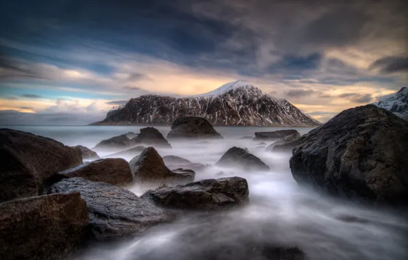 Sea, the sky, clouds, snow, fog, stones, shore, Norway