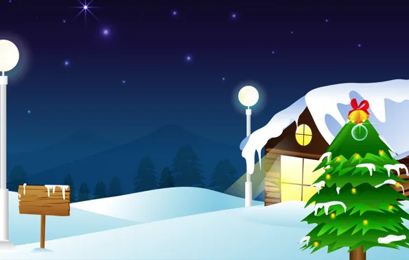 Winter, Night, Snow, House, Rendering