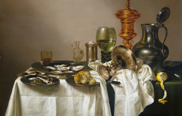 Lemon, food, picture, dishes, oysters, Willem Claesz Heda, Still life with Gilded Cup