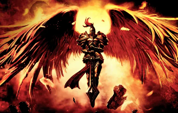 Picture the wreckage, stones, wings, sword, warrior, art, Kayle, League Of Legends
