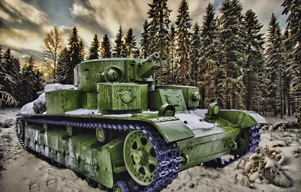 Picture winter, art, tank, T-28, the isthmus, 1939-1940, Karelian, the Soviet-Finnish war