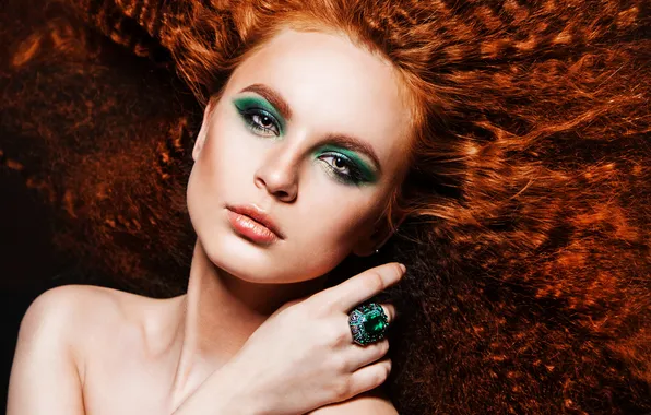 Picture look, makeup, ring, curls, girl. red, green eyes. hand