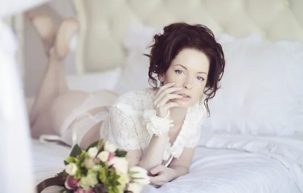 Ass, look, girl, flowers, tenderness, panties, bed, linen
