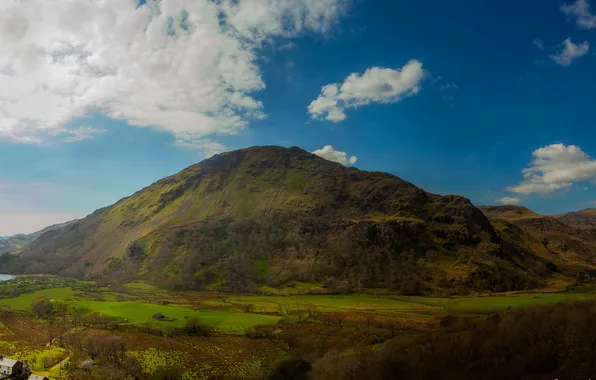 The sky, clouds, trees, mountains, lake, house, Wales, Snowdonia