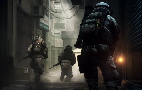 Fog, soldiers, lane, battlefield 3, light.