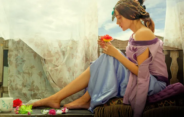 Flower, the sky, girl, decoration, flowers, pose, style, sweetheart