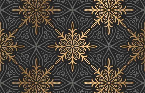 Grey, gold, black background, pattern, Gold, Floral, Ornament