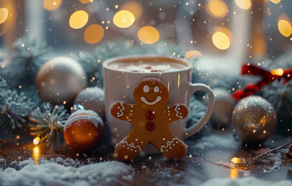 Winter, balls, snow, branches, lights, smile, lights, table