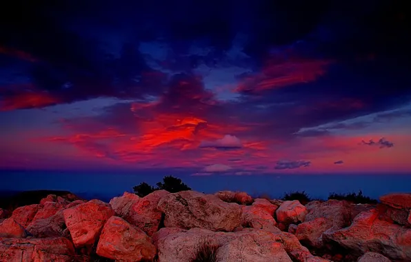 Clouds, red, Stones