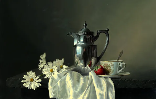 Flowers, reflection, table, chamomile, picture, strawberry, berry, spoon