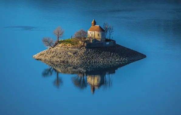 Lake, France, island, chapel