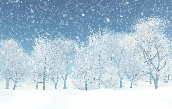 Winter, frost, forest, snow, trees, branches, rendering, graphics