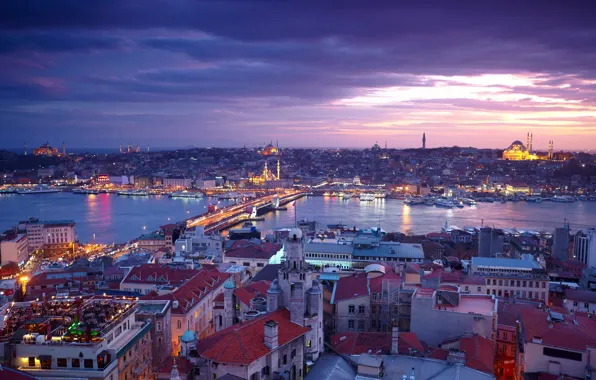 Sunset, bridge, lights, river, home, the evening, panorama, boats