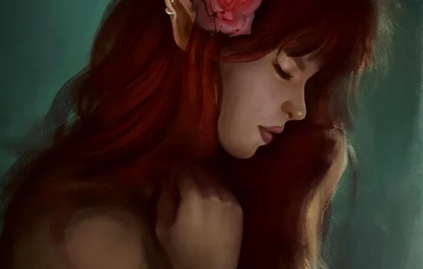 Flower, girl, elf, rose, art, profile, red, elf