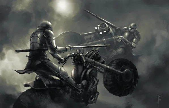Picture motorcycles, art, haze, knights, peaks, the fight