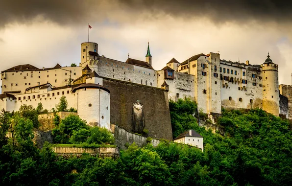 Greens, clouds, Austria, fortress, Fortress High Salzburg, Hohensalzburg
