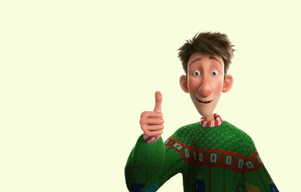 Picture smile, cartoon, gesture, green sweater, all okay, The secret service of Santa Claus, Arthur Christmas