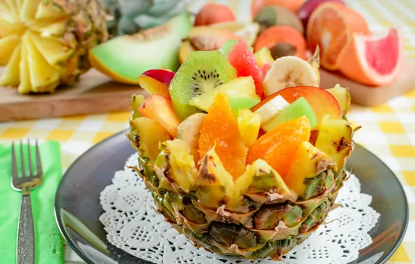 Picture apples, orange, kiwi, bananas, pineapple, dessert, fruit salad