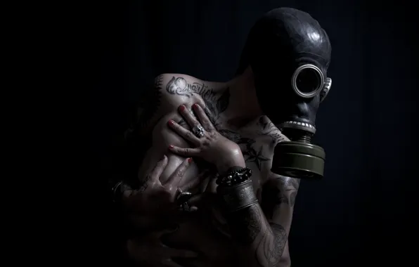 Picture girl, hands, tattoo, gas mask