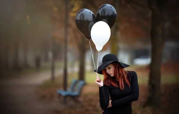 Road, autumn, girl, balls, trees, pose, Park, balloons