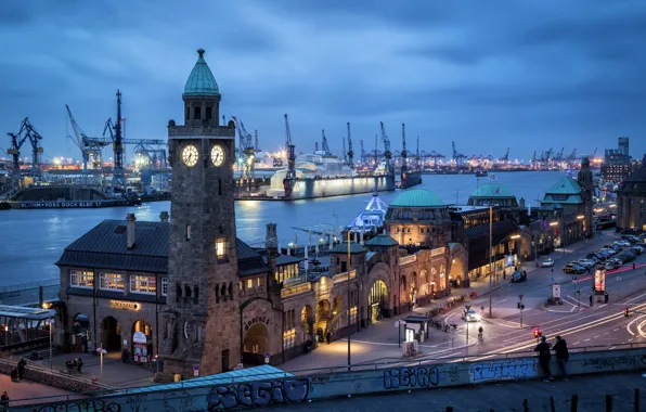 Road, bridge, lights, river, street, home, the evening, Germany