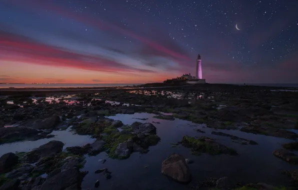 Sea, stars, clouds, sunset, night, stones, the moon, shore