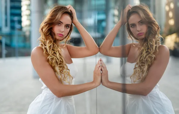 Look, girl, reflection, wall, building, makeup, dress, brown hair